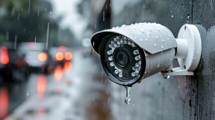 Poster - A rain-soaked security camera captures the blurred motion of traffic in the background, emphasizing vigilance despite challenging weather conditions.