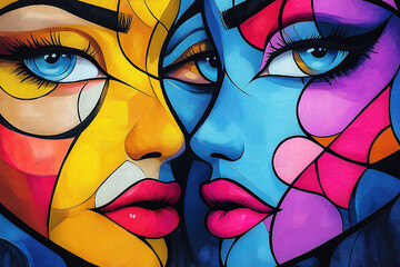 Abstract faces blend in a surreal pop art style highlighting intricate colors and emotional expression