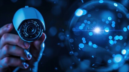 Poster - A close-up of a hand holding a security camera in a dark environment, with blue light reflections creating a futuristic ambiance.