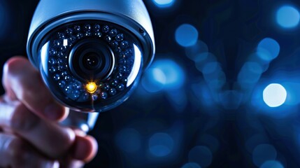 Poster - A close-up of a security camera being held, with a glowing light, set against a blurred blue background.