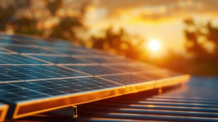 Wall Mural - A close-up of solar panels reflecting sunlight at sunset, showcasing renewable energy technology against a vibrant sky.