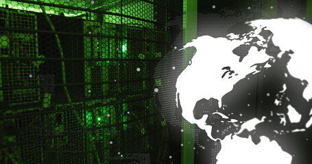 Poster - Rotating globe and data processing image over green and black background
