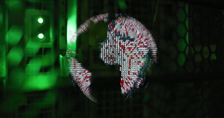 Poster - Green digital data processing image over server racks in dark room
