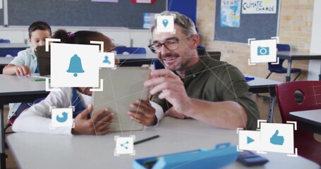 Poster - Image of network of connections with icons over diverse schoolgirl and teacher using tablet