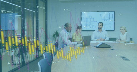 Poster - Image of charts processing data over diverse colleagues having meeting