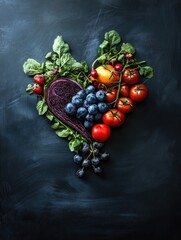 Wall Mural - Colorful heart shaped arrangement of fruits and vegetables on blackboard background.