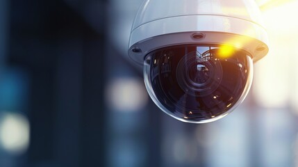 Poster - a close-up of a security camera, capturing light reflections, symbolizes surveillance technology and
