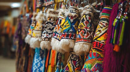 Colorful traditional textiles hanging for sale.