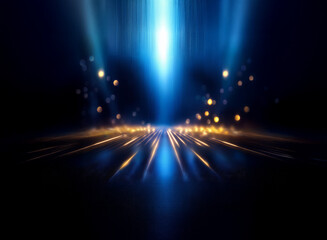 Wall Mural - abstract nighttime scene. a bright blue light streaks across a dark, reflective surface. golden boke