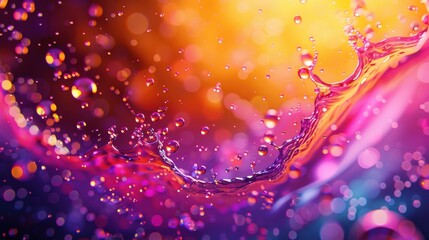 Poster - A vibrant splash of colorful water droplets illuminated by warm light, creating an artistic and dynamic effect.