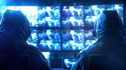Poster - two figures in hooded jackets monitor multiple screens displaying static, evoking themes of surveill
