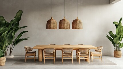 Sticker - D rendering of a contemporary dining space with minimalist wooden furniture and natural lighting.