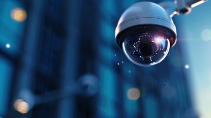 Poster - A sleek security camera captures a cityscape, emphasizing surveillance technology in a modern urban environment.