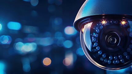 Poster - A close-up view of a surveillance camera with a blurred blue background, highlighting its lens and LED lights, symbolizing security and monitoring.