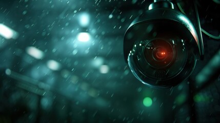 Poster - A close-up view of a surveillance camera illuminated in a dim, rainy environment, highlighting its red light and a moody atmosphere.