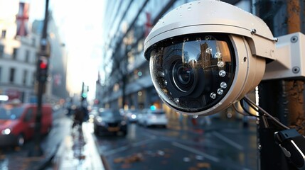 Poster - A close-up view of a surveillance camera on a city street, capturing reflections and details in an urban environment.