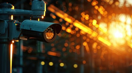 Poster - A surveillance camera captures the sunset, highlighting security technology against a beautiful natural backdrop.