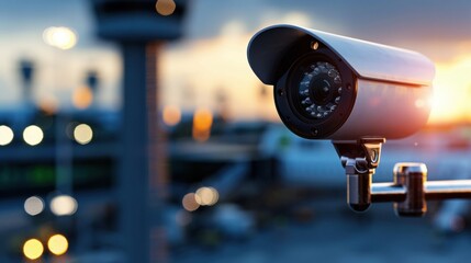 Poster - A close-up shot of a security camera at dusk, capturing the essence of surveillance technology in an urban environment.