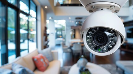 Poster - A modern security camera is positioned prominently in a stylish living room, highlighting the blend of technology and contemporary design.