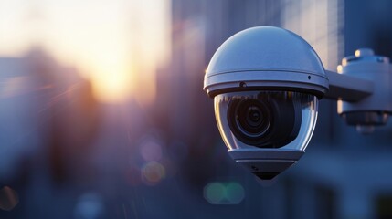 Poster - A modern surveillance camera captures a cityscape at sunset, emphasizing security technology and urban environments.