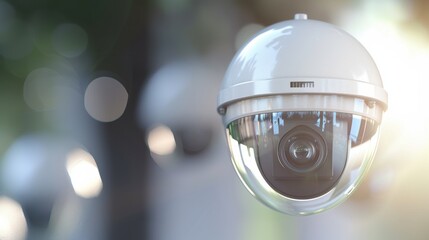 Poster - A security camera hangs in a blurred outdoor setting, capturing the essence of surveillance technology in a modern environment.