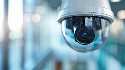 Poster - A close-up of a security camera, capturing its lens, with a blurred background, suggesting surveillance in a modern environment.