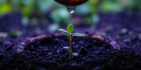 A small plant is growing in a pot with soil. The plant is surrounded by dirt and has a small amount of water dripping from it. Concept of growth and life, as the plant is beginning to sprout