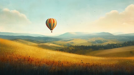 Wall Mural - Hot Air Balloon Over Golden Fields and Rolling Hills Landscape