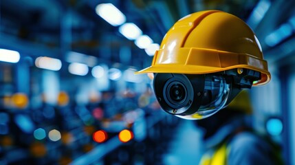 Poster - A yellow safety helmet equipped with a surveillance camera, symbolizing security and monitoring in an industrial environment.