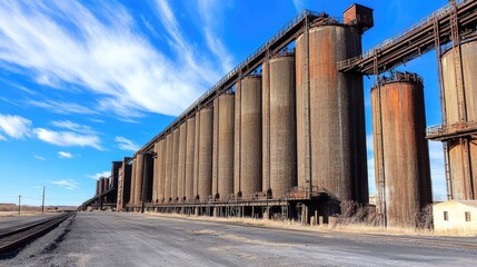 Poster - An abandoned coal plant with massive silos and rust-streaked walls.