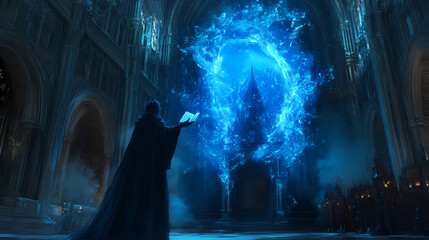 an ancient wizard, shrouded in mystery, conjures blue magical energy from a powerful ancient tome wi