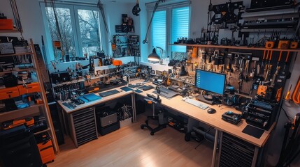 Poster - A bright and clean workspace filled with tools and gadgets for RD projects.