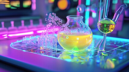Poster - A close-up of a lab table with chemical reactions in progress, symbolizing RD.