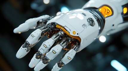 Poster - A close-up of a robotic hand holding a small experimental prototype.