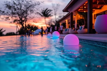 Serene poolside ambiance at sunset.