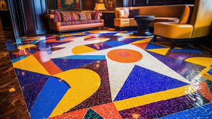 Poster - A decorative mosaic floor featuring vibrant colors and geometric patterns in a luxurious space.