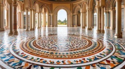 Poster - A decorative mosaic floor featuring vibrant colors and geometric patterns in a luxurious space.