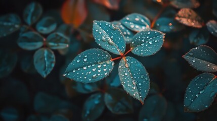 Sticker - Close-up of dew-kissed teal leaves. Perfect for nature, freshness, or serenity themes.