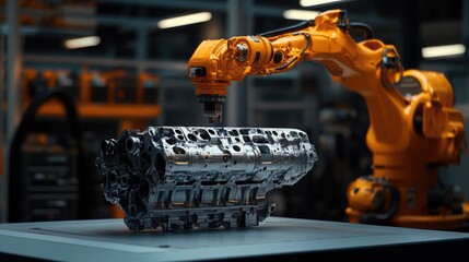 Poster - A high-performance engine block on a workstation for assembly.