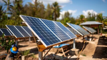 Wall Mural - Solar panels installed on a rural farm with green fields and blue sky in the background