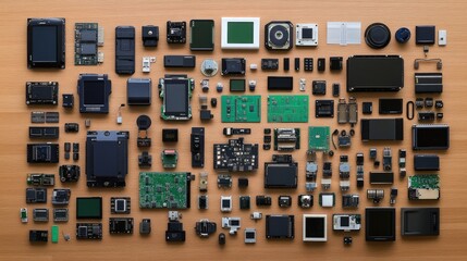 Poster - A neatly arranged array of sensors and microchips on an RD workbench.
