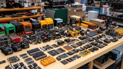 Poster - A neatly arranged array of sensors and microchips on an RD workbench.