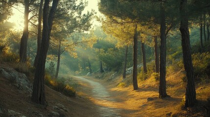Wall Mural - sunlit path winds through a pine forest. ideal for travel, nature, and serenity themes.