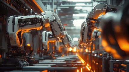 Poster - A robotic assembly line producing high-tech components in a factory.