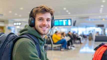 Poster - Smiling man airport headphones travel waiting