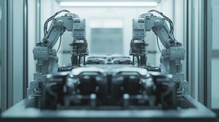Poster - A set of robotic arms in a fully automated car manufacturing plant.