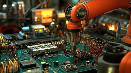 Poster - A sleek and modern robotic arm assembling electronic components.
