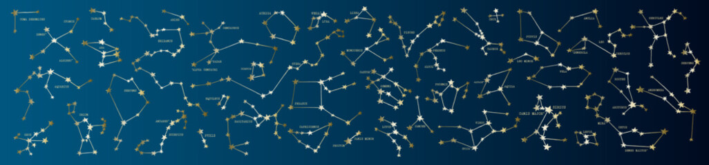 celestial vector map of the night sky with the names of stars and constellations on a dark blue grad