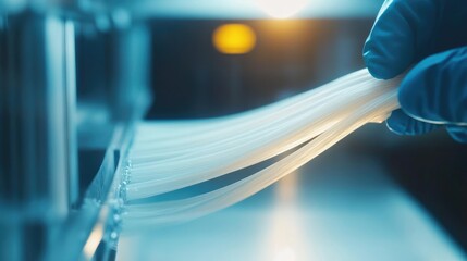 Poster - High-performance synthetic fibers being tested in a laboratory setting.