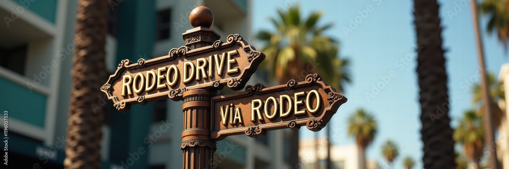 Iconic Rodeo Drive Sign A stylish street sign at the iconic Rodeo Drive, surrounded by palm ...